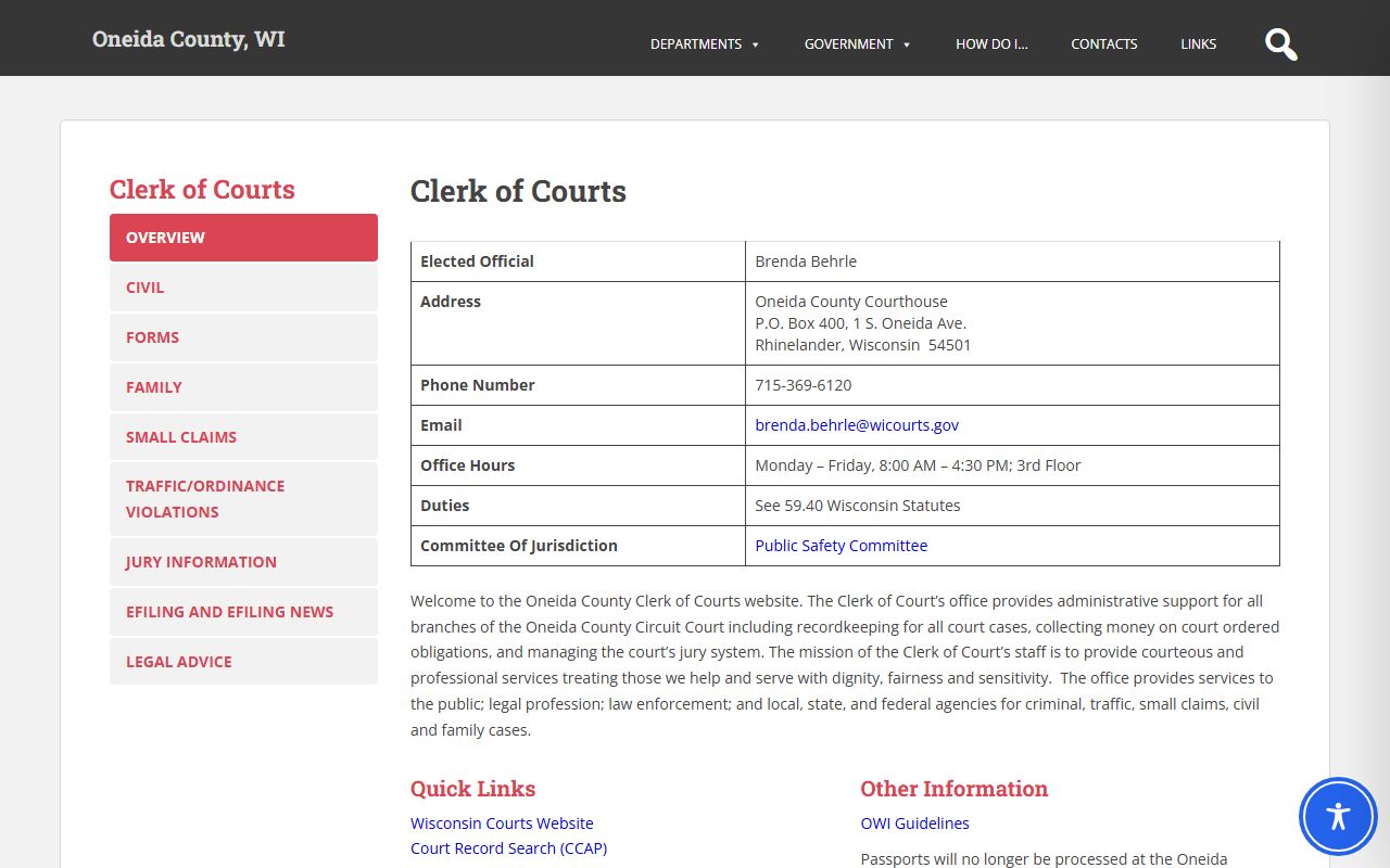 Oneida County court records after jail arrest clerk of courts page