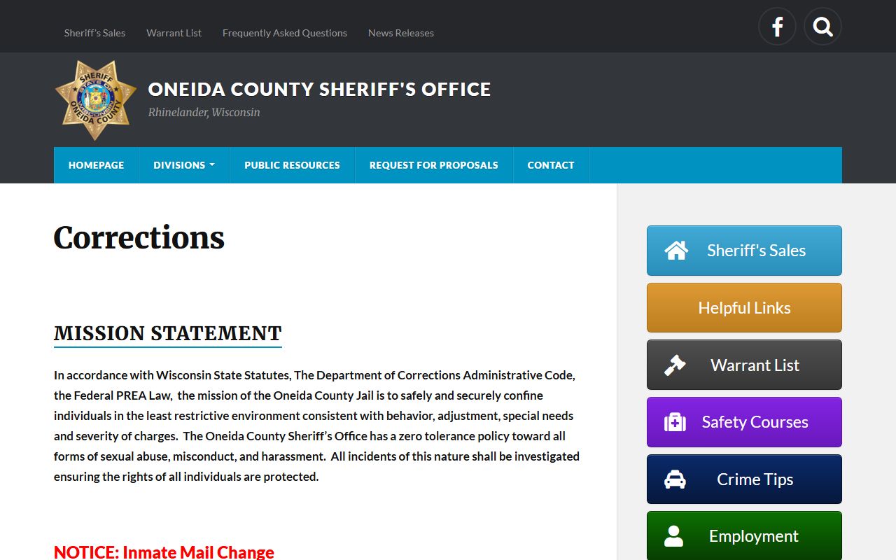 Oneida County inmate population corrections division capacity statement